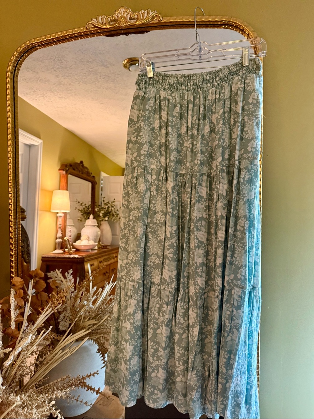 Altar'd State Sage Green Floral Tiered Maxi Skirt